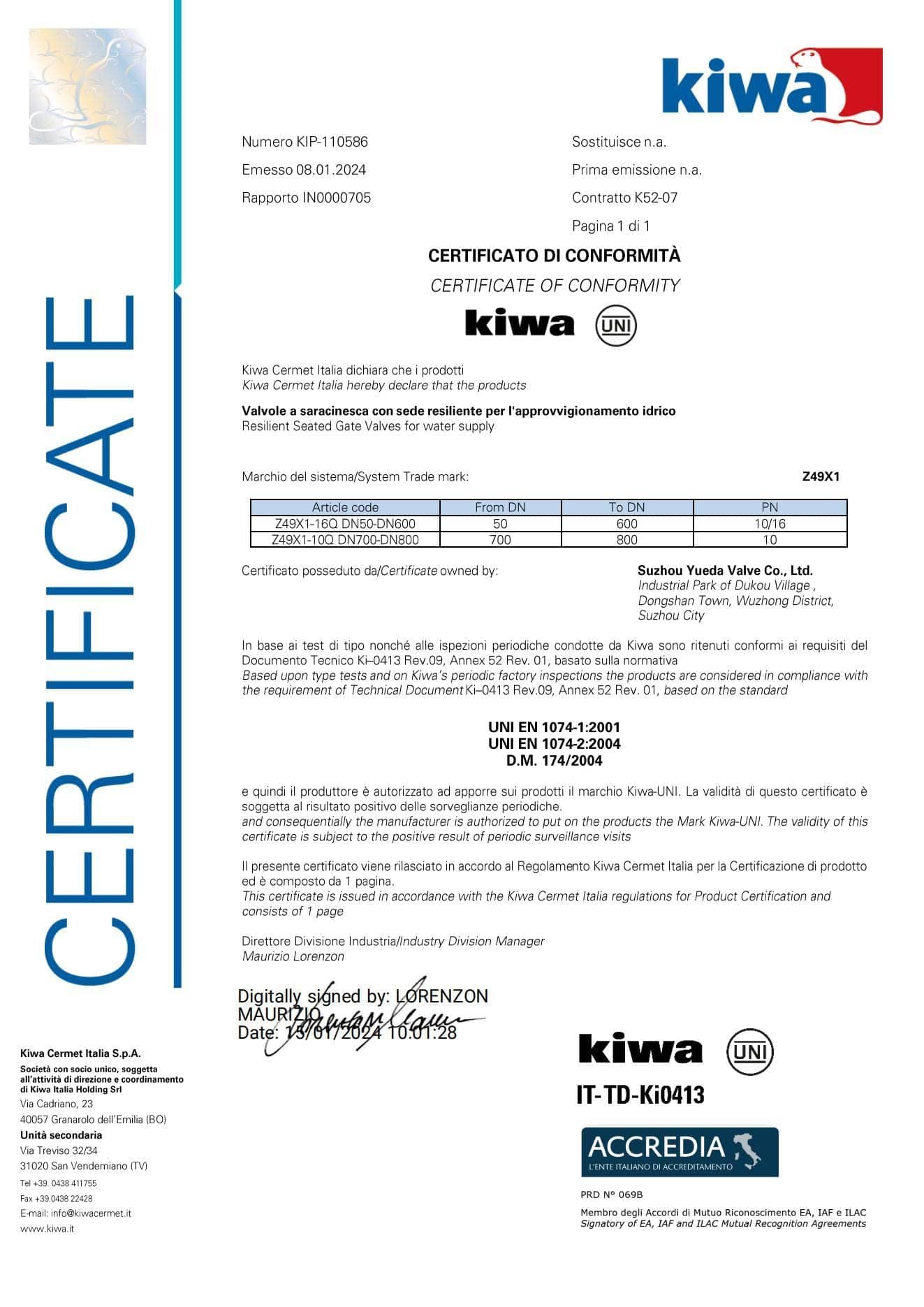 Certificado Kiwa de Suzhou Yueda Valve