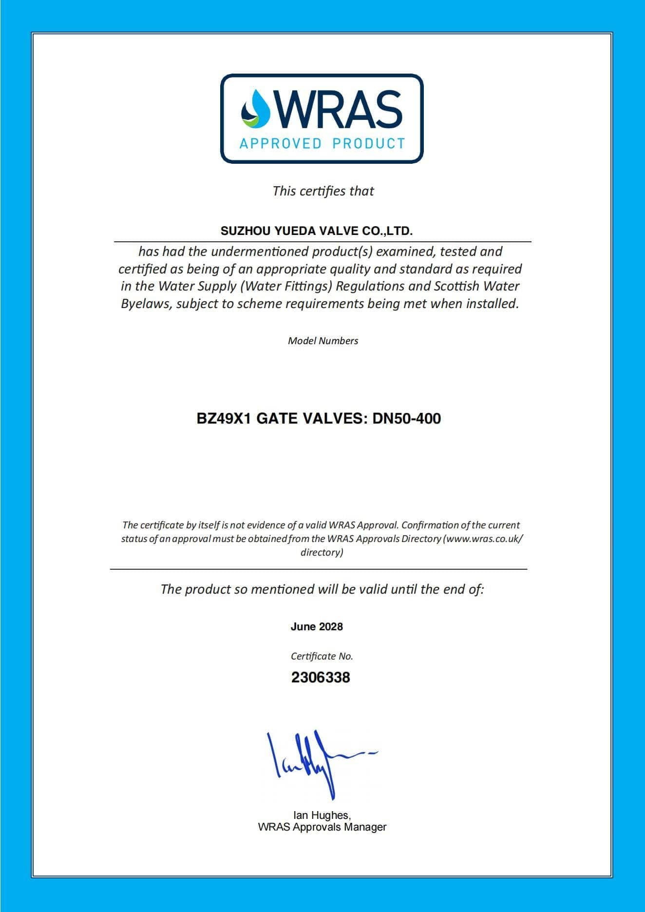 Certificado WRAS de Suzhou Yueda Valve